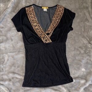 Rara Black V-Neck Embroidered Top – Size M